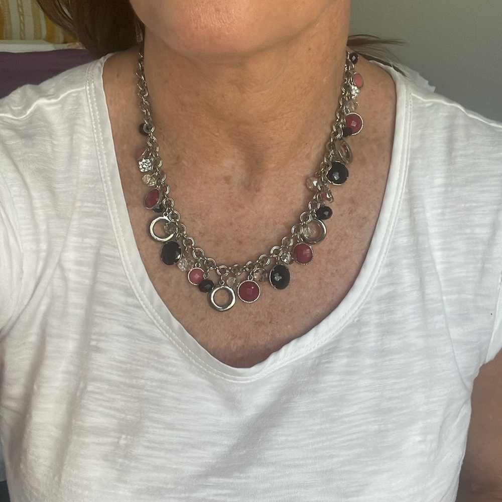 WHBM Statement Necklace in silver black clear beads